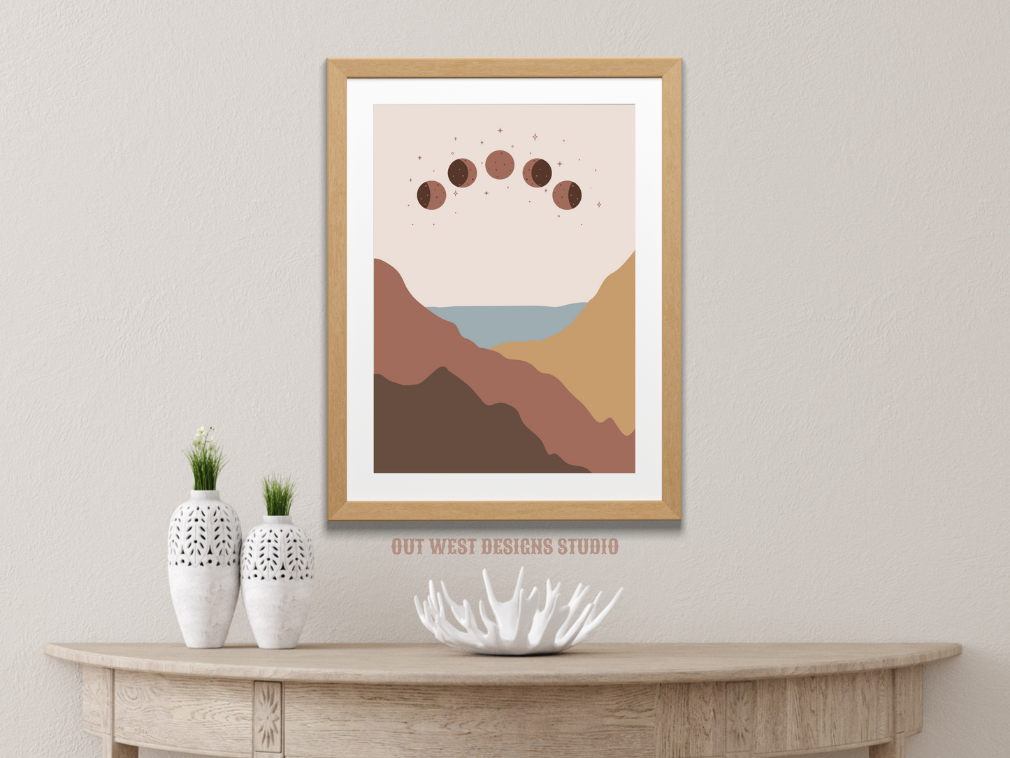 Dusty Blue Mountains + Moon boho cowgirl print - Western mountain astrology star pastel printable poster