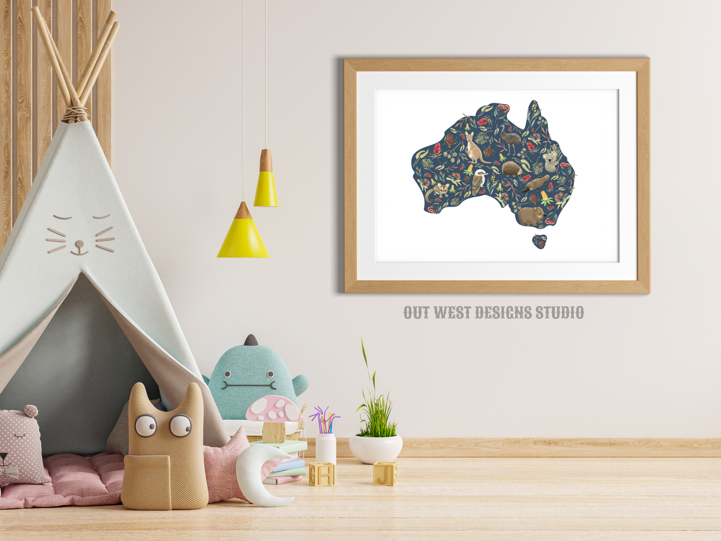 Australian animal map for Nursery print - baby toddler girls + boys home wall decor - kids bedroom- Koala, kangaroo, emu, possum, blossoms