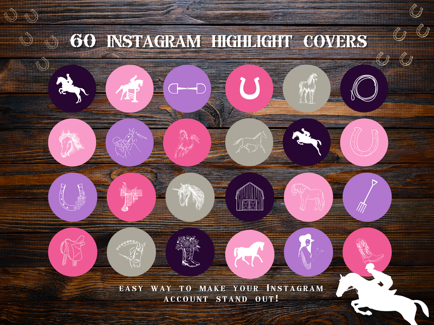 Equestrian horse riding Instagram highlight covers + story backgrounds - Pink Purple show jumping, pony, dressage, rodeo cowgirl IG icons