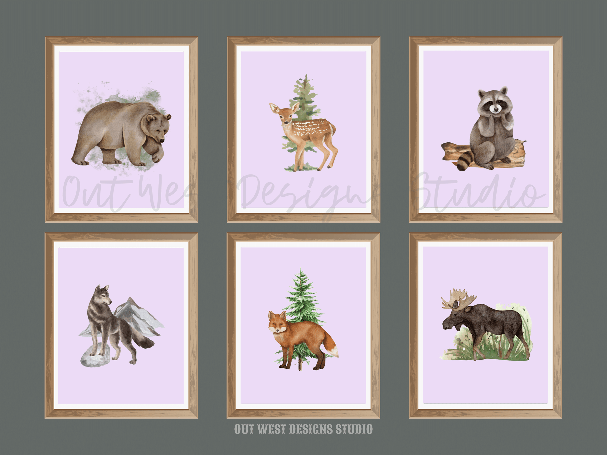 Woodlands animal print- babies, toddler boys + girls nursery home wall decor - fox deer raccoon wolf moose bear Canadian kids bedroom