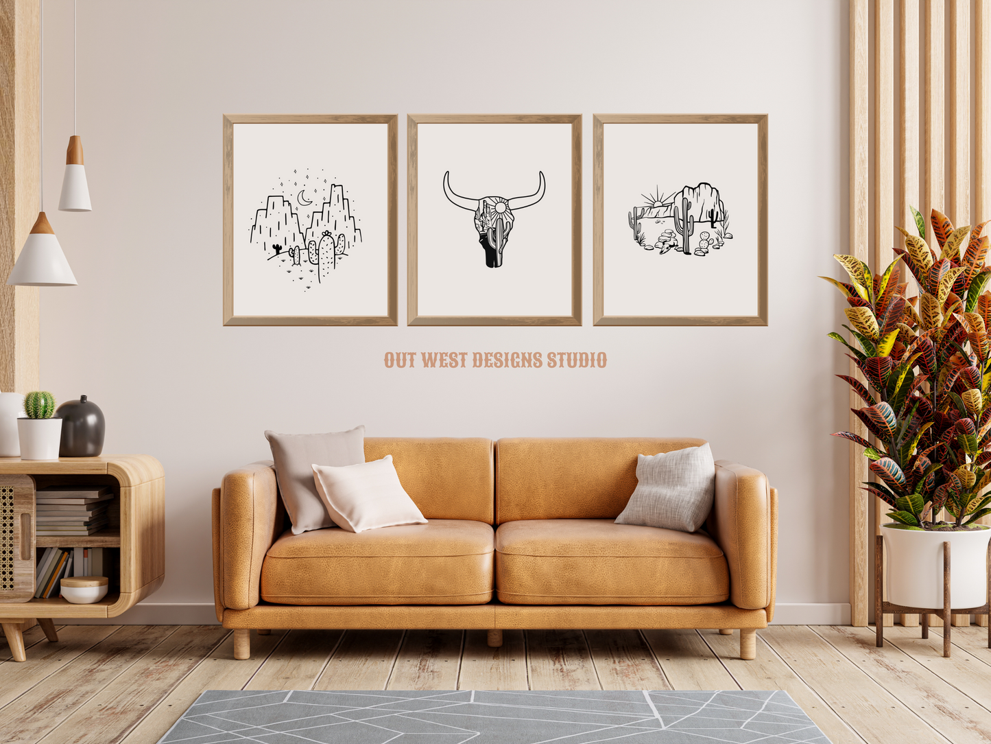 Printable Cowgirl Desert set of 3 prints in Off white/grey + black - Western home decor - Poster wall art long horn, cactus, south western!