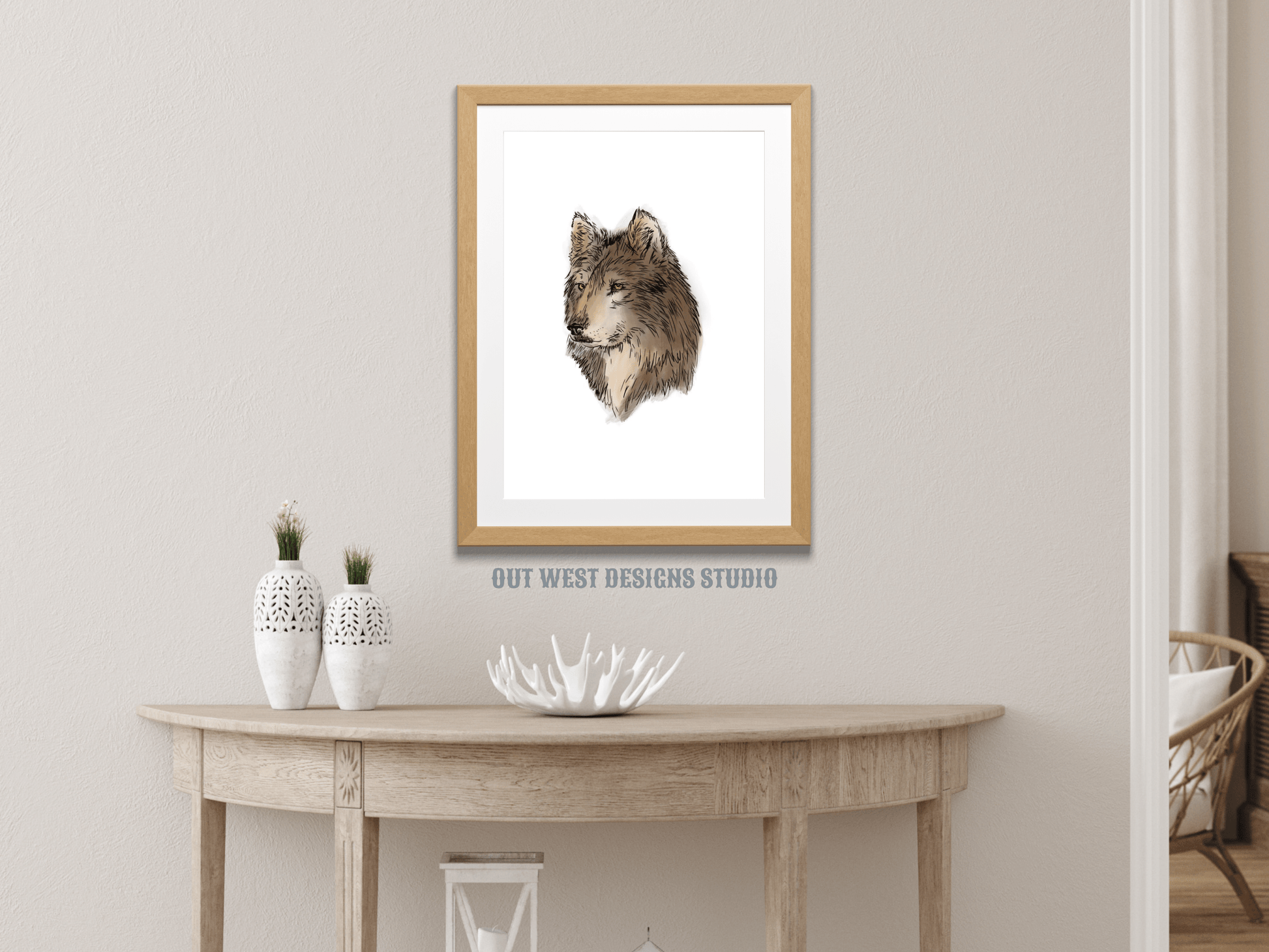 Wolf sketch print - grey wolf nature art poster hand drawn in grey, brown + white - by 'Out West Country.'