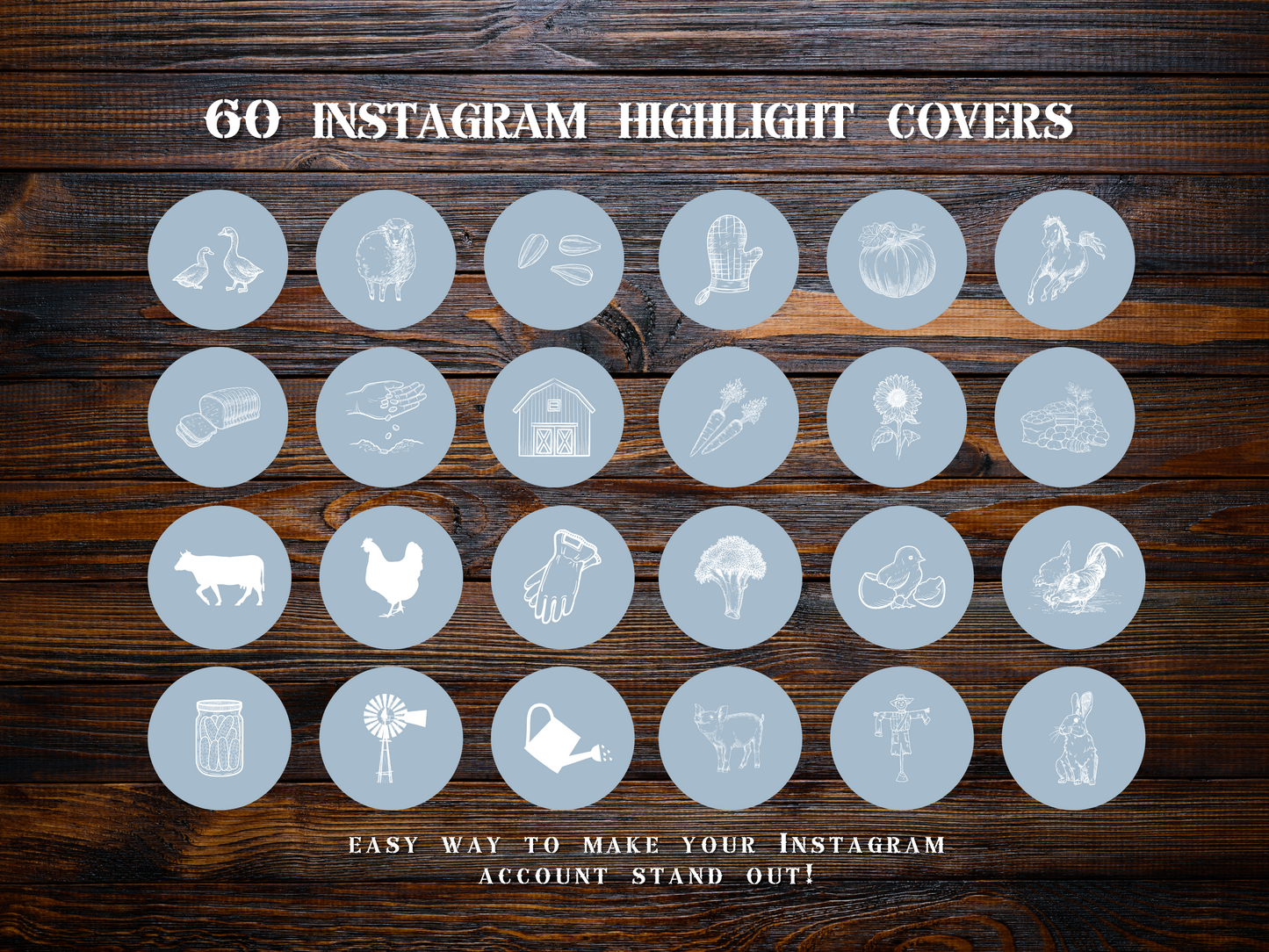 Farm + homesteading blue Instagram highlight covers + story backgrounds. Garden illustrations + icons