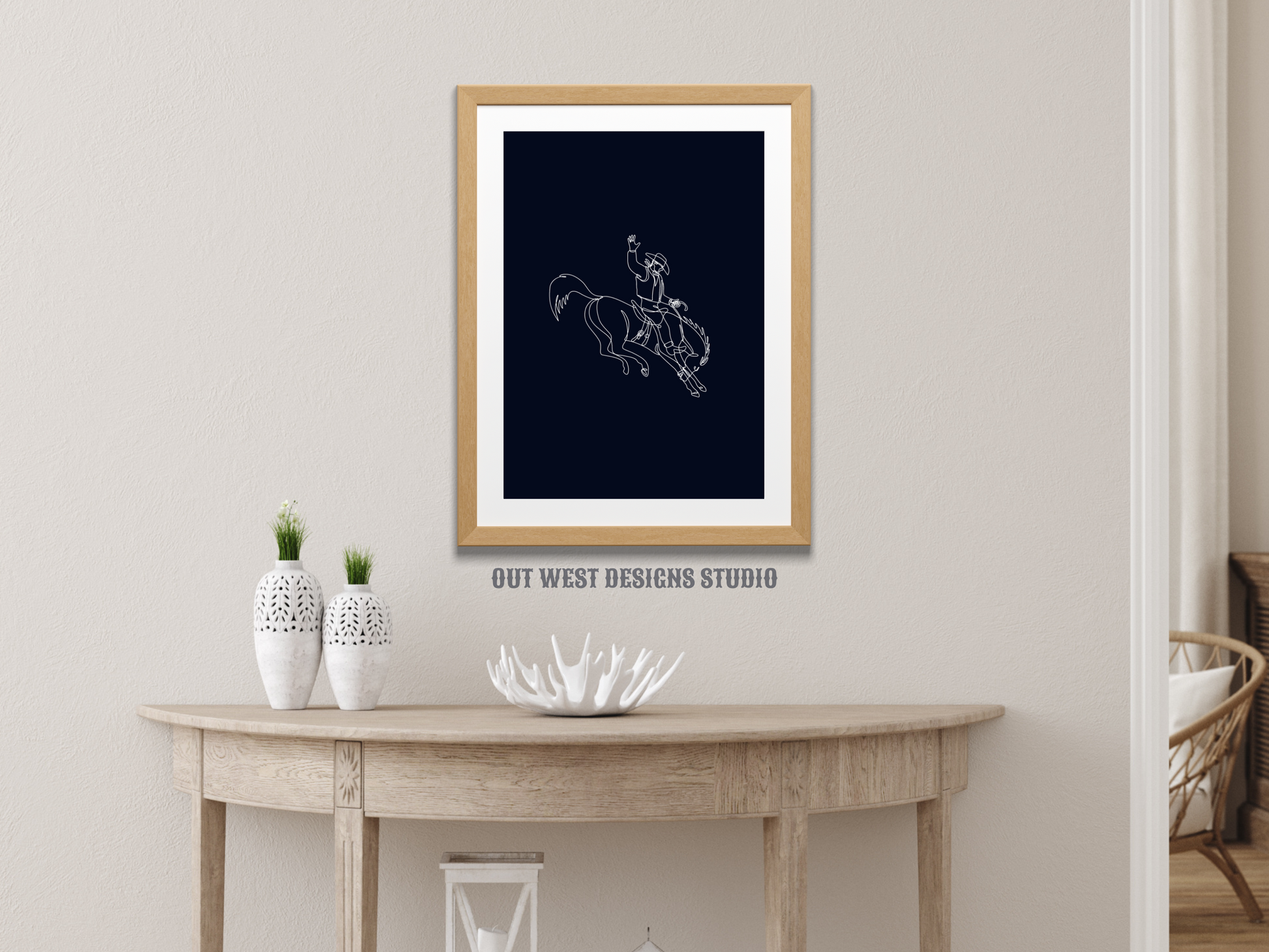 Bronc cowboy line drawing print - Western cowgirl home decor | Rodeo poster