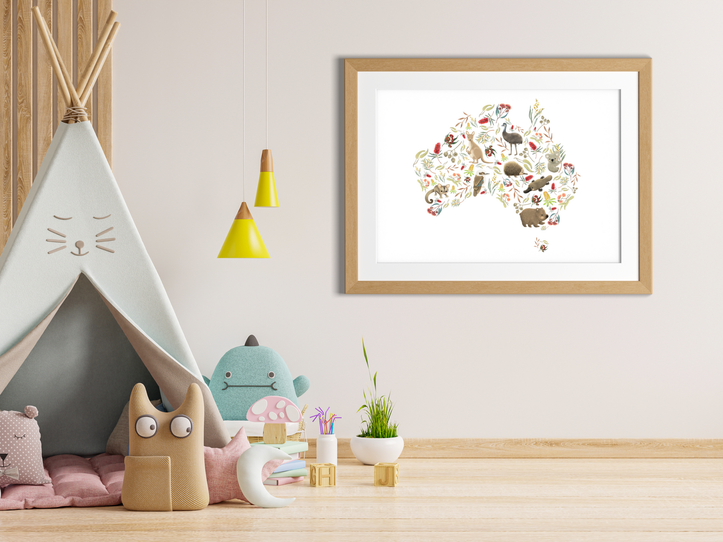 Australian animal map for Nursery print - baby toddler girls + boys home wall decor - kids bedroom- Koala, kangaroo, emu, possum, blossoms