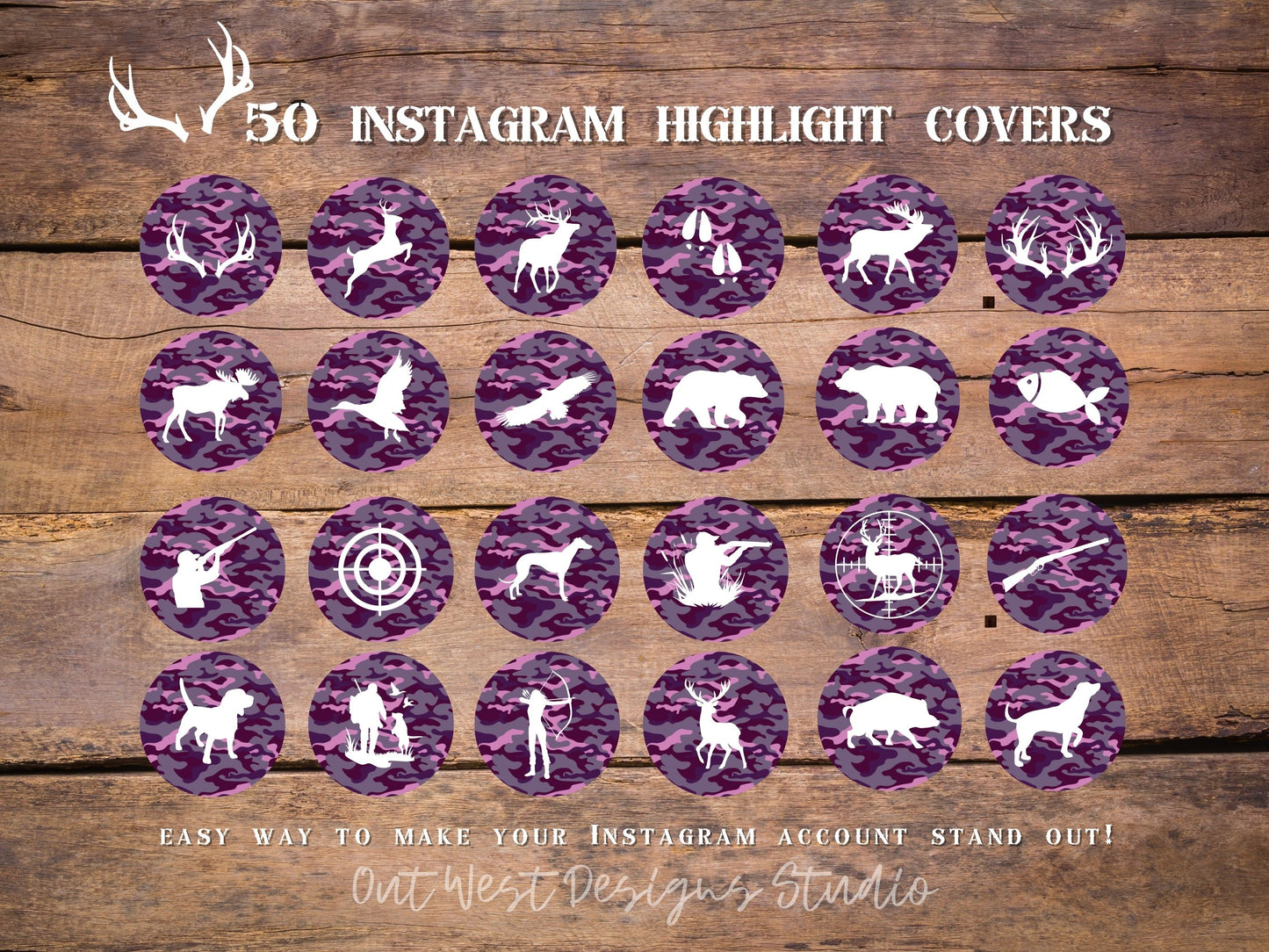 Hunting country Instagram highlight covers + story backgrounds - Pink + purple camo - country + western IG icons | deer hunter social media