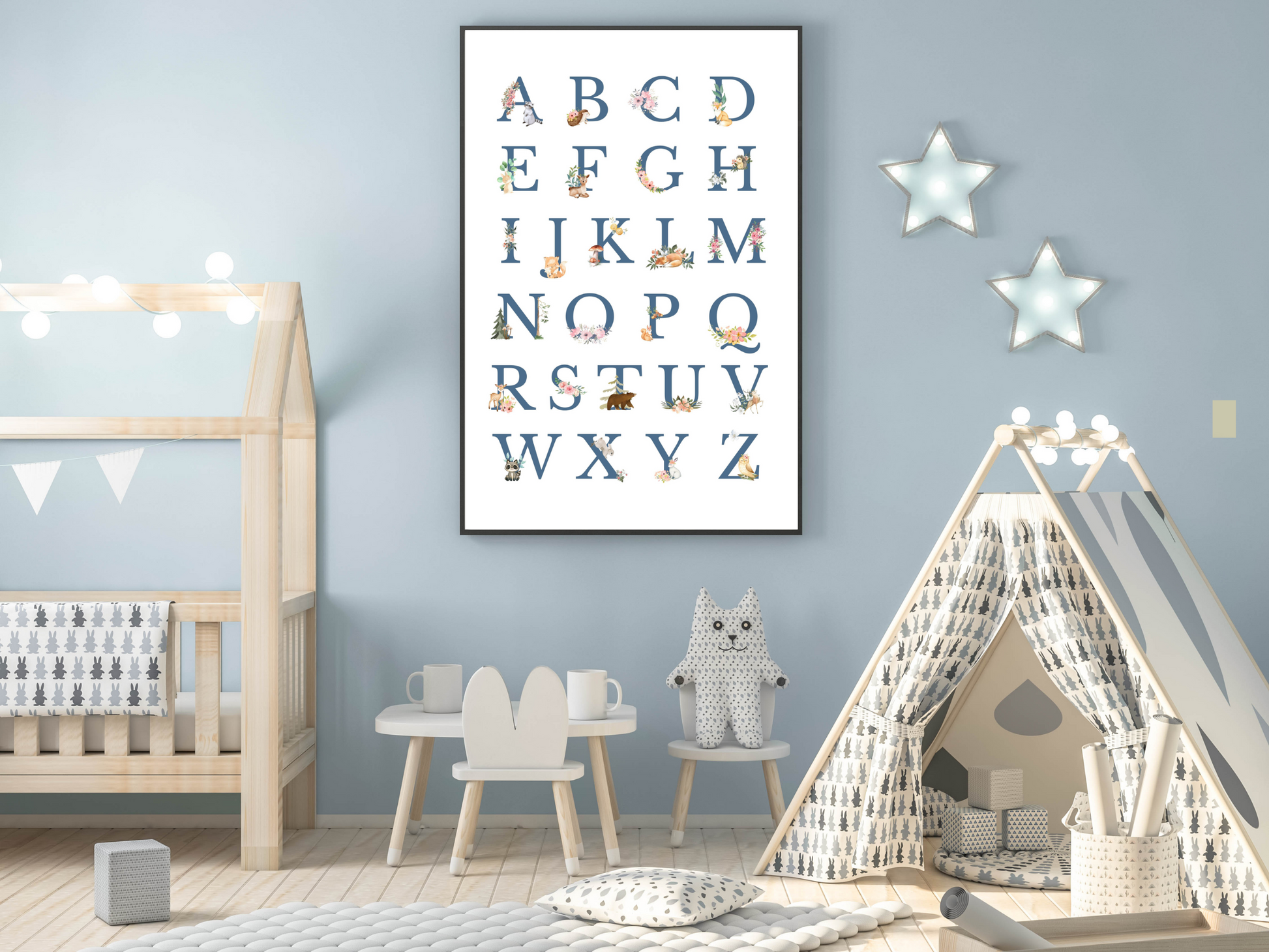 Alphabet Woodlands animals Poster Printable Wall Art BLUE FONT | ABC Alphabet Print Kids | Boho + country Nursery Decor Playroom picture