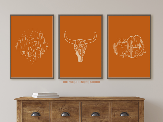 Printable Cowgirl Desert set of 3 prints in orange + cream white color - Western home decor - Poster wall art long horn, cactus, south western!