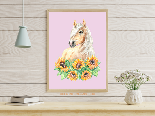 Sunflowers + Palomino horse print - babies, toddler girls + boys nursery home wall decor - pony cowgirl cowboy horses kids bedroom