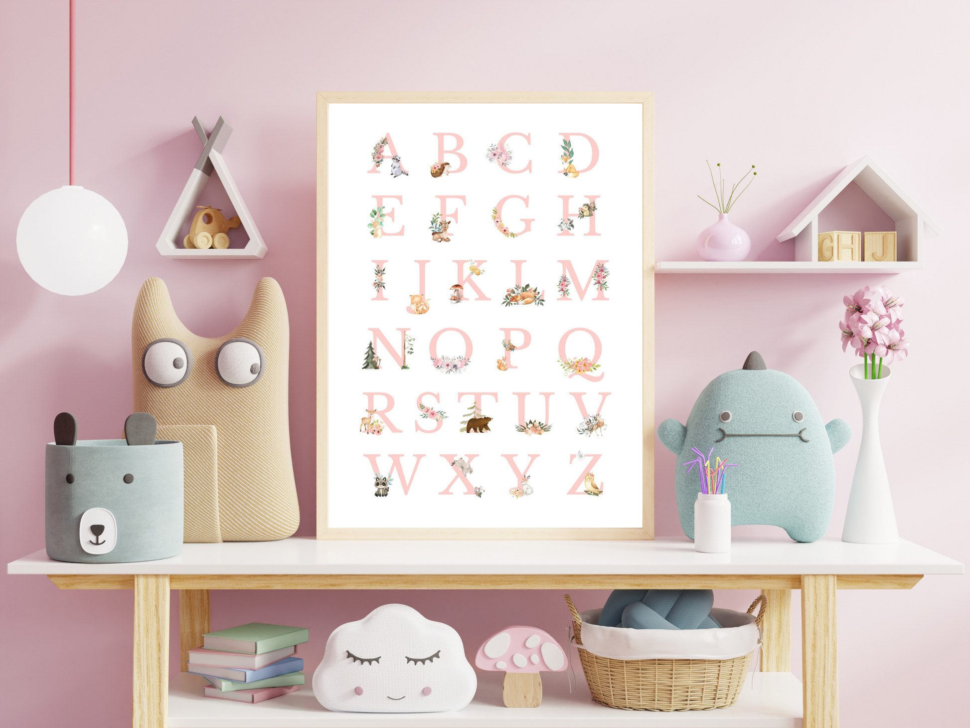 Alphabet Woodlands animals Poster Printable Wall Art PINK FONT | ABC Alphabet Print Kids | Boho + country Nursery Decor Playroom picture