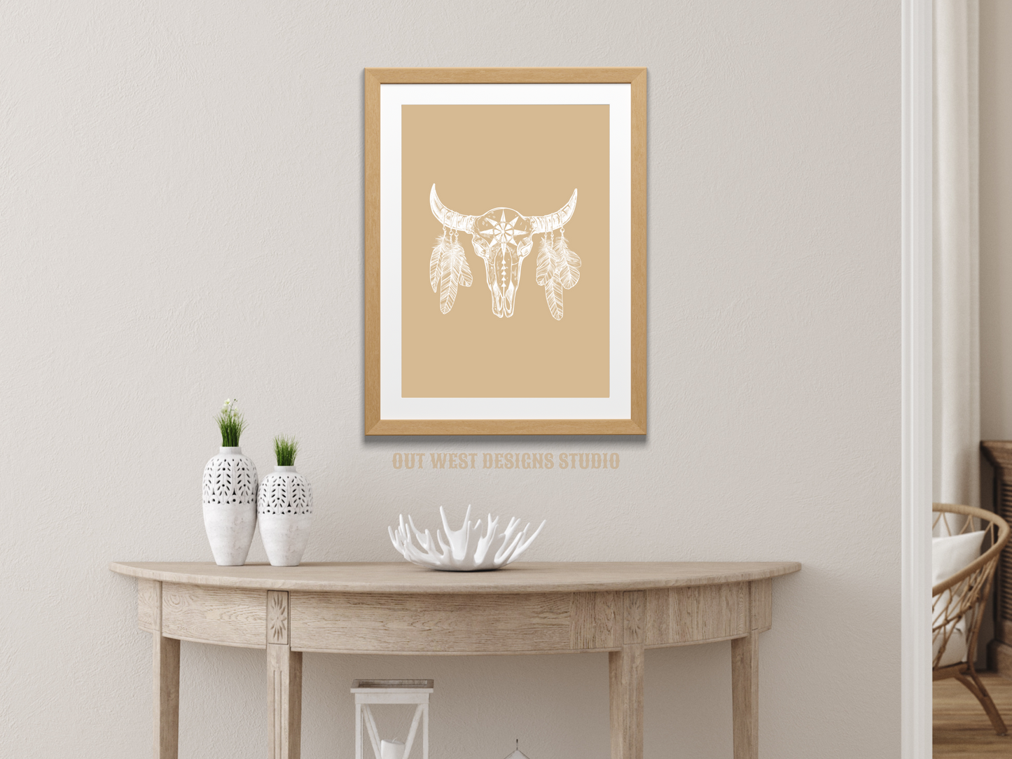 Buffalo and feathers Western cowgirl home decor - Retro Poster wall bedroom, hallway lounge room southern ranch art!