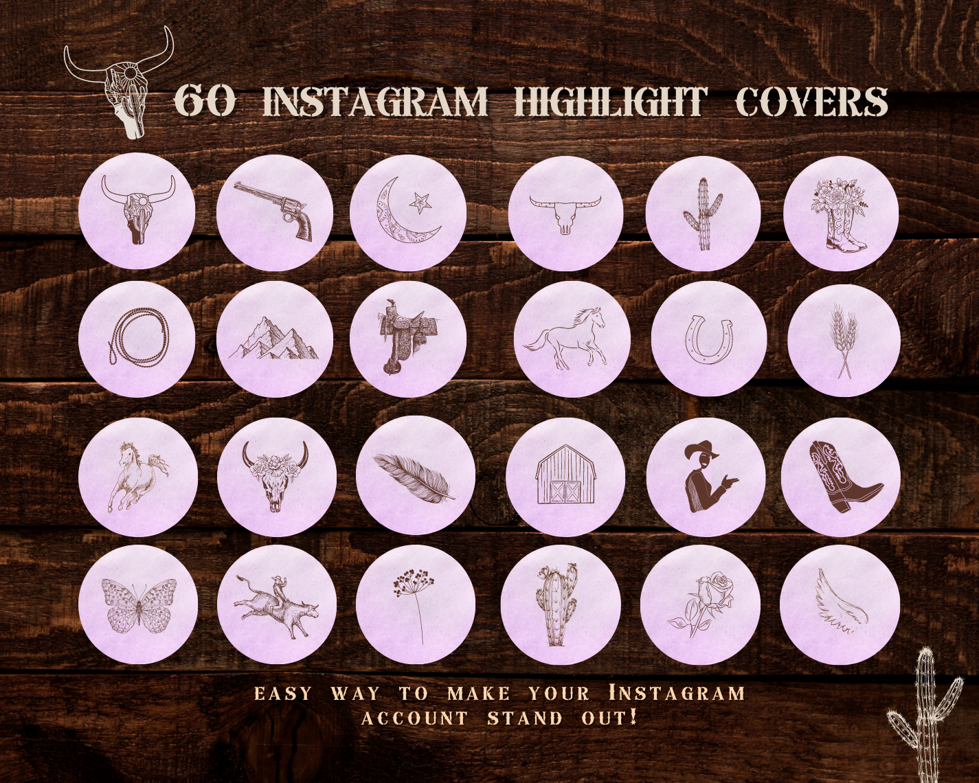 Wild West Cowgirl Instagram highlight covers + story backgrounds - Lavender purple + brown western rodeo IG icons for social media