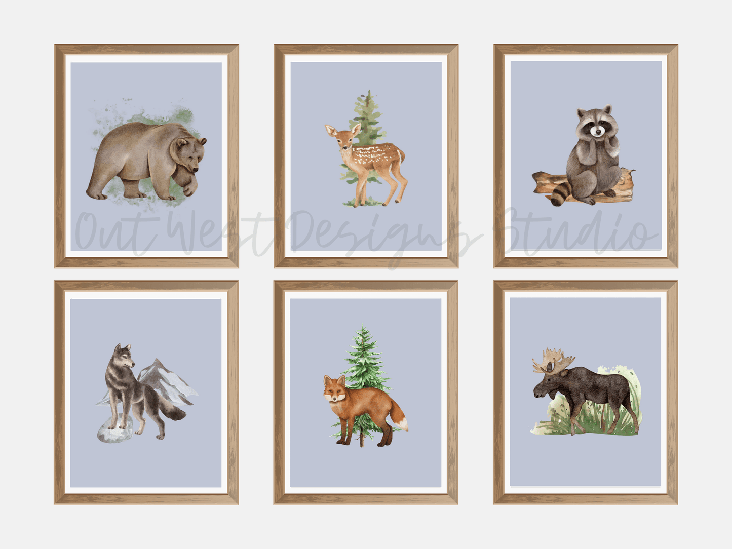 Woodlands animal print- babies, toddler boys + girls nursery home wall decor - fox deer raccoon wolf moose bear Canadian kids bedroom