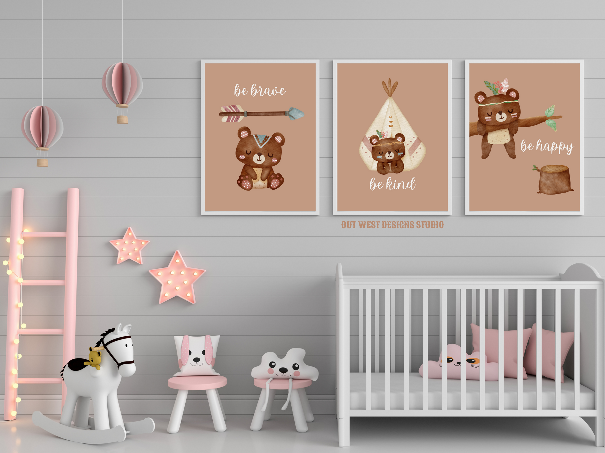 Tribal Bears print - babies, toddler girls + boys nursery home wall decor - be brave, kind, happy, boho pony kids woodland bedroom