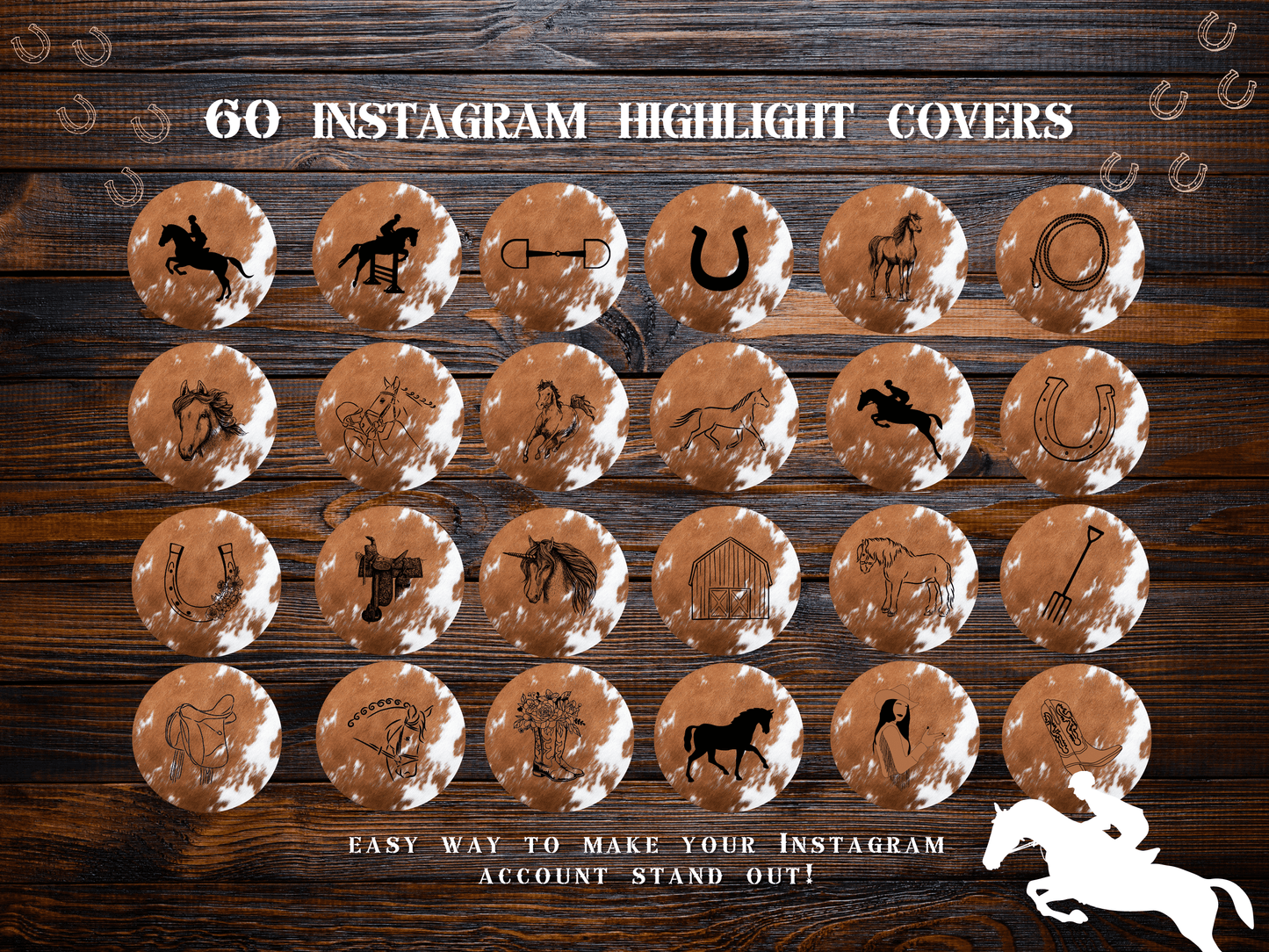 Cowhide Equestrian horse riding Instagram highlight covers + story backgrounds - show jumping, pony, dressage, rodeo cowgirl IG icons