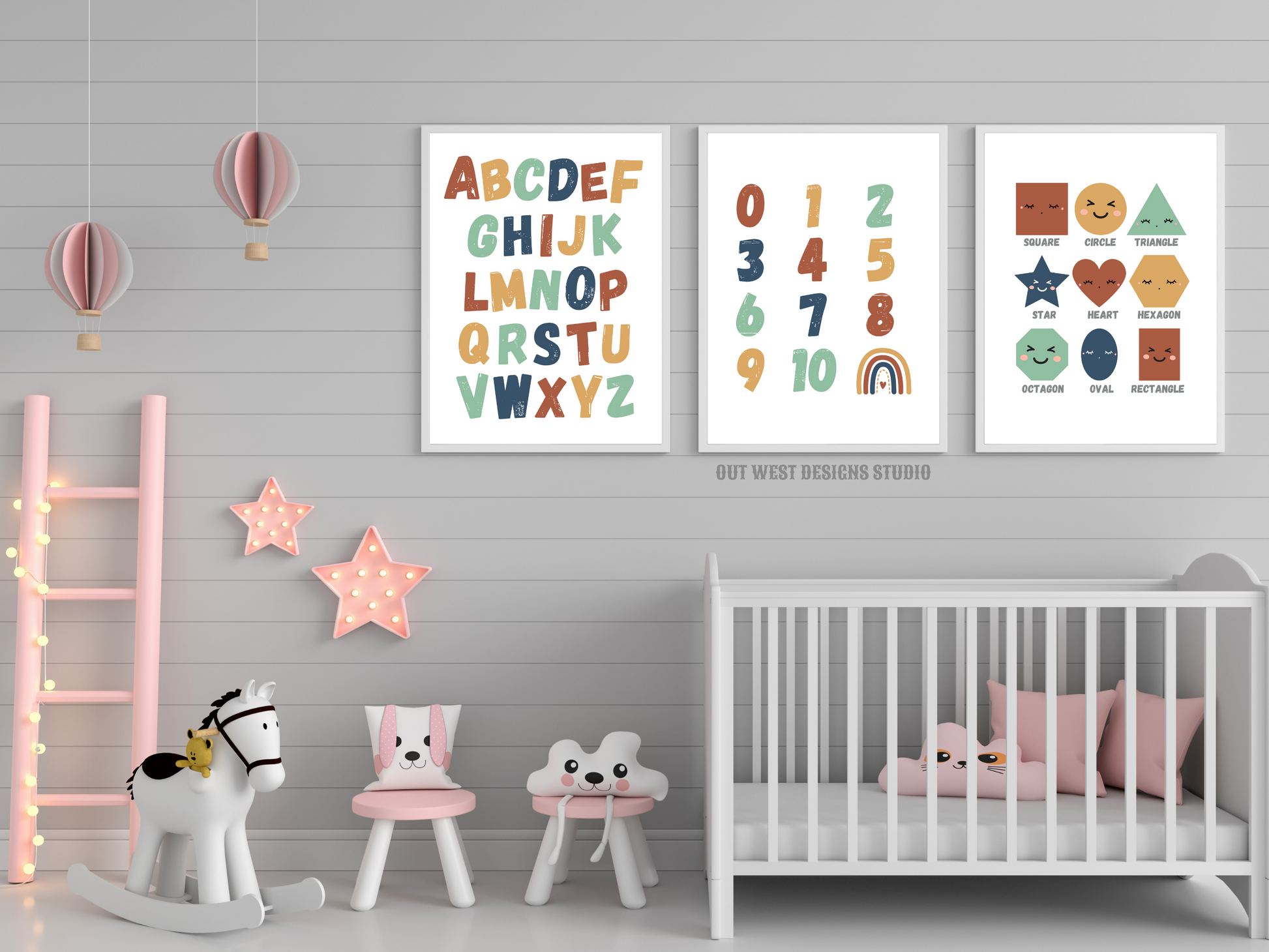 Pastel alphabet numbers + shapes print- babies, toddler boys nursery home wall decor - play room + kids bedroom educational poster art