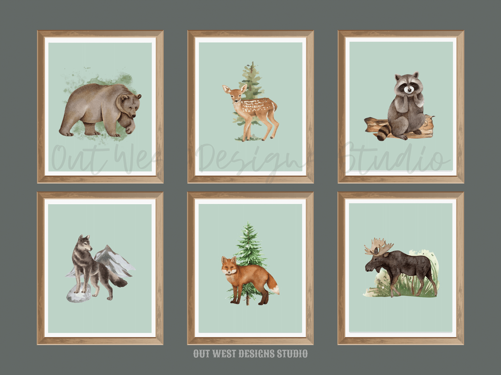 Woodlands animal print- babies, toddler boys + girls nursery home wall decor - fox deer raccoon wolf moose bear Canadian kids bedroom