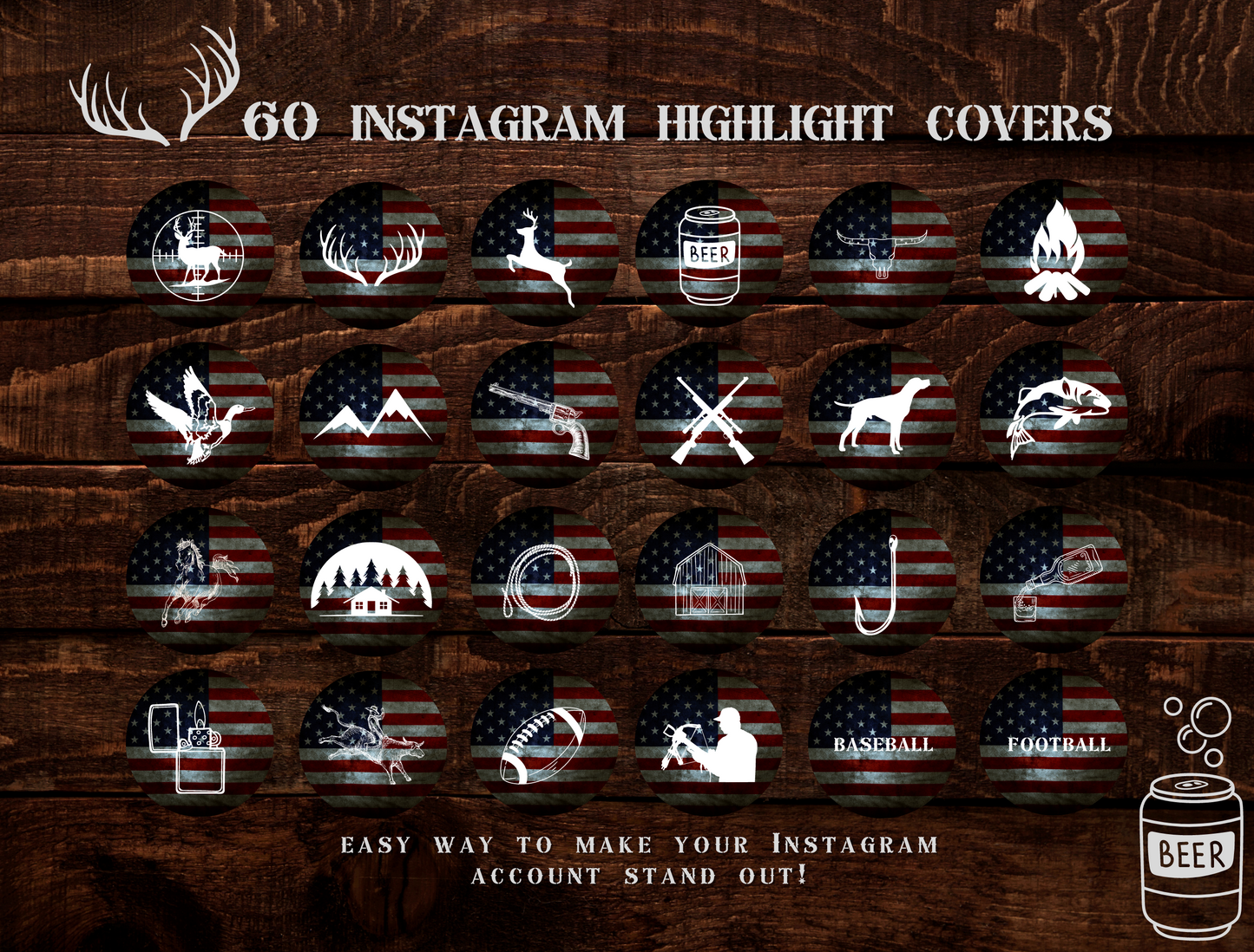 Redneck USA Country Instagram highlight covers + story backgrounds - FLAG hunting camo Western IG icons deer elk bear hunter social