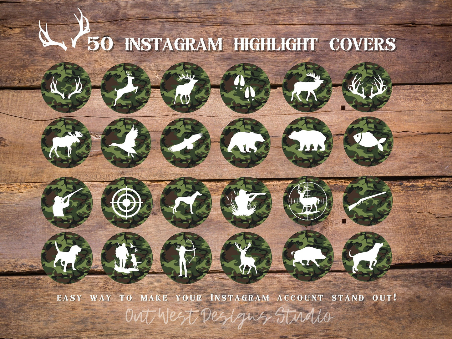 Hunting country Instagram highlight covers + story backgrounds - Green camo - country + western IG icons | deer elk bear hunter social media