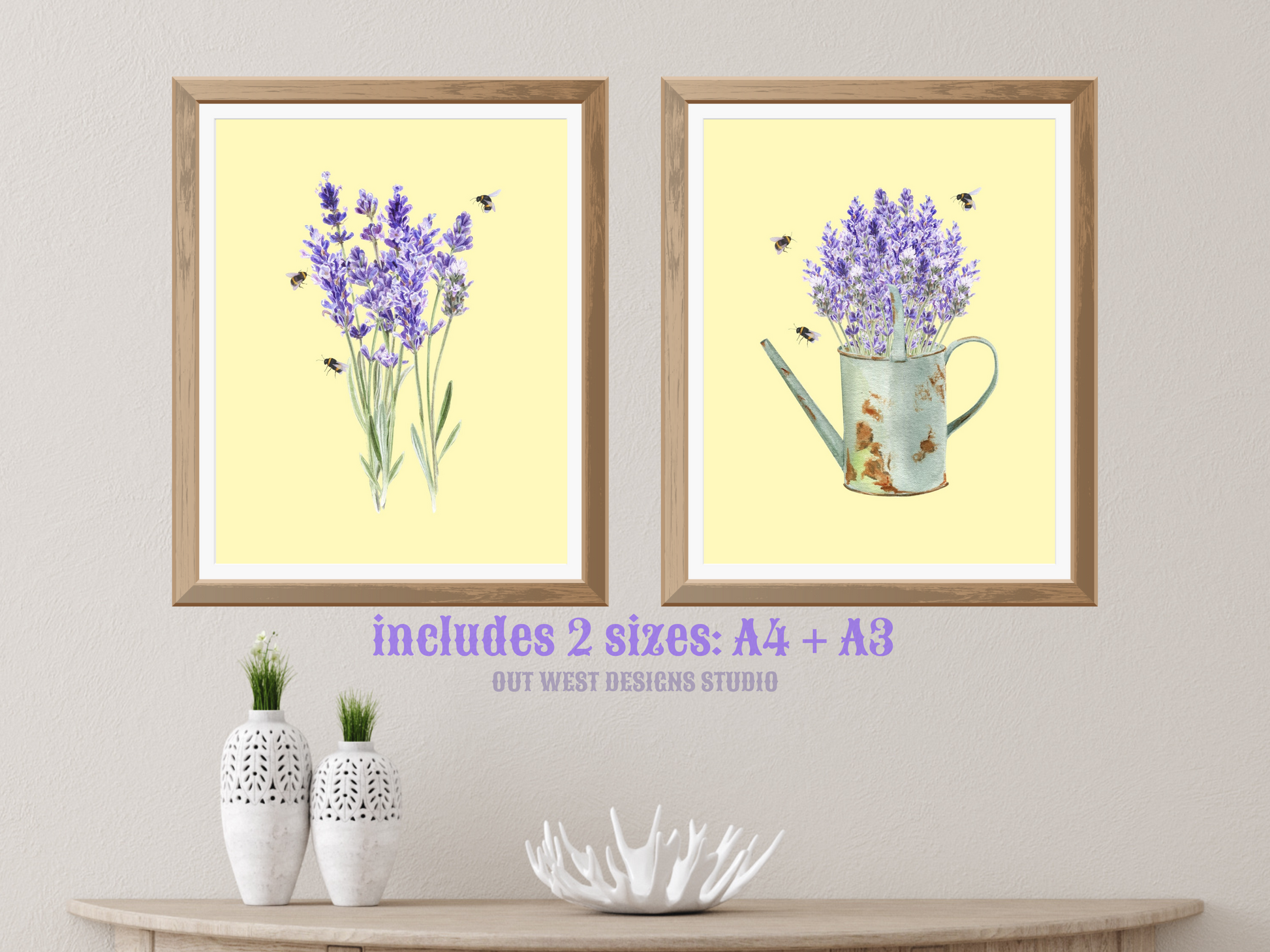 Lavender and bumble bees garden floral watercolor art print | farm house homesteading flower poster