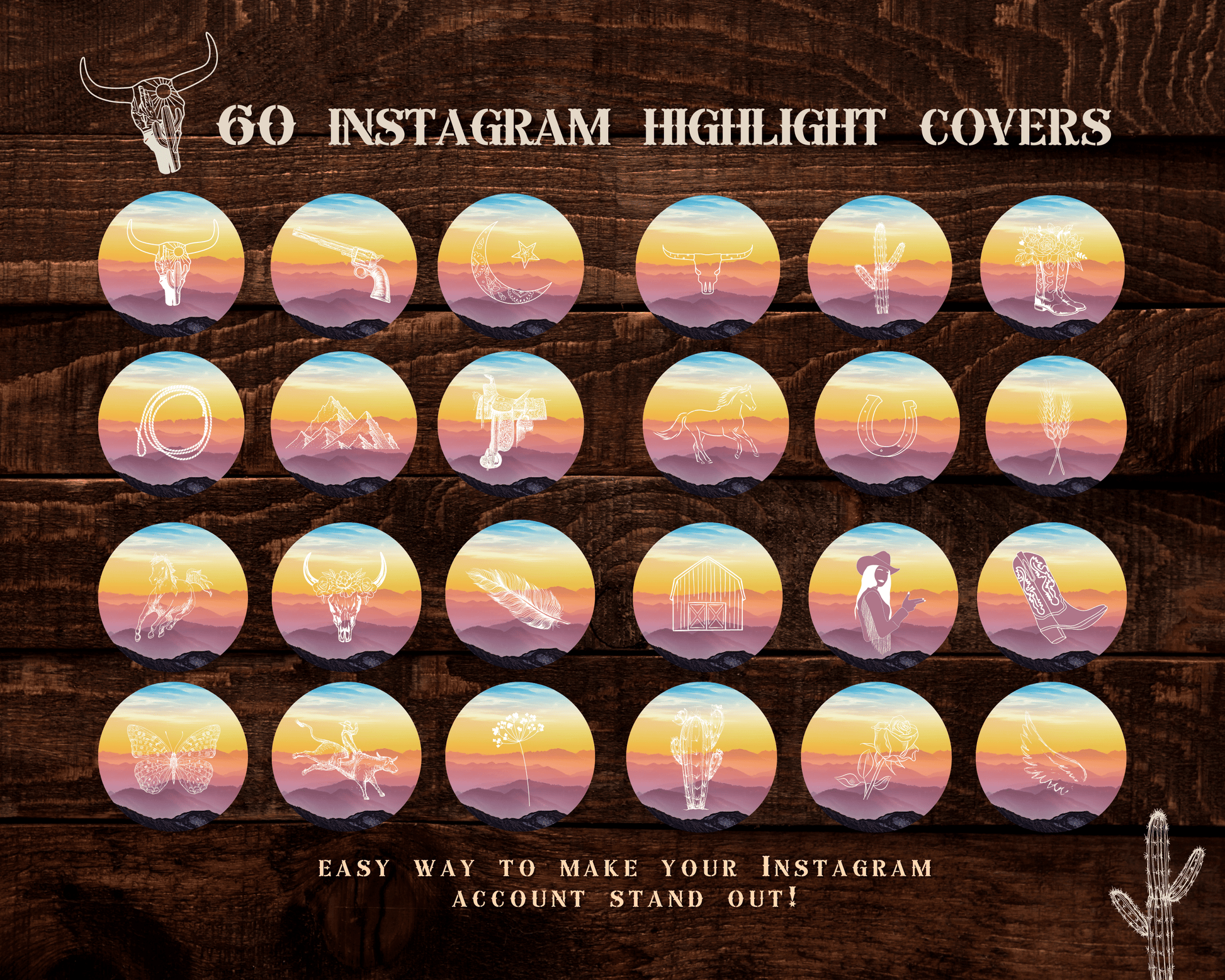 Wild West Cowgirl Instagram highlight covers + story backgrounds - Mountain sunset + pink western rodeo IG icons for social media