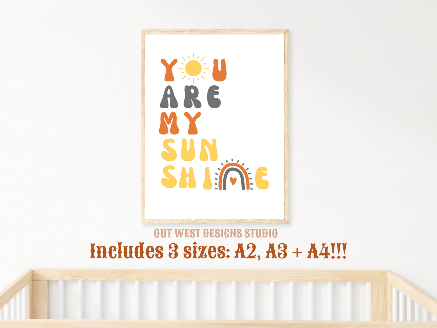 You are my sunshine nursery print in grey, orange + yellow | Kids bedroom poster art | boho babies nursery decor girls + boys room