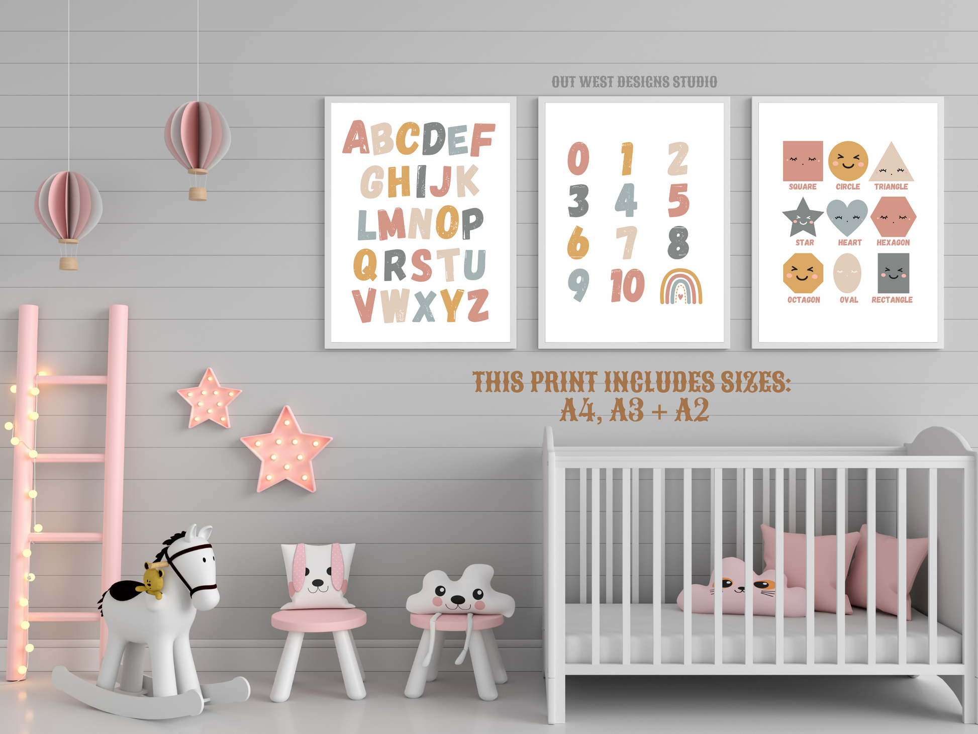 Pastel alphabet numbers + shapes print- babies, toddler boys nursery home wall decor - play room + kids bedroom educational poster art