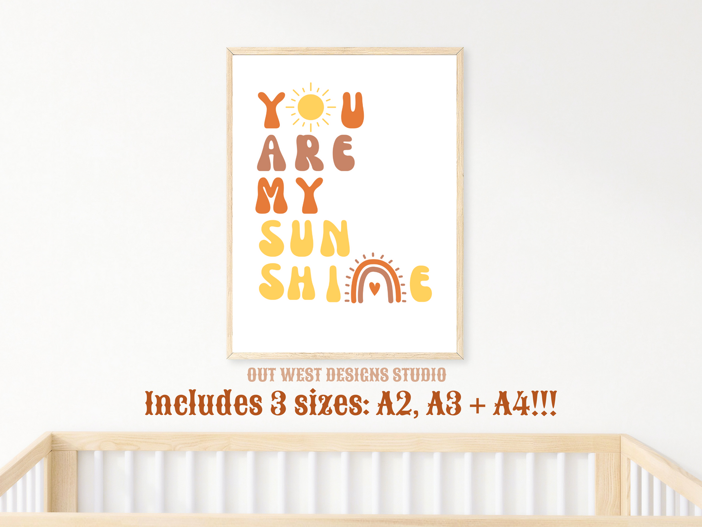 You are my sunshine nursery print in pink, orange + yellow | Kids bedroom poster art | boho babies nursery decor girls + boys room