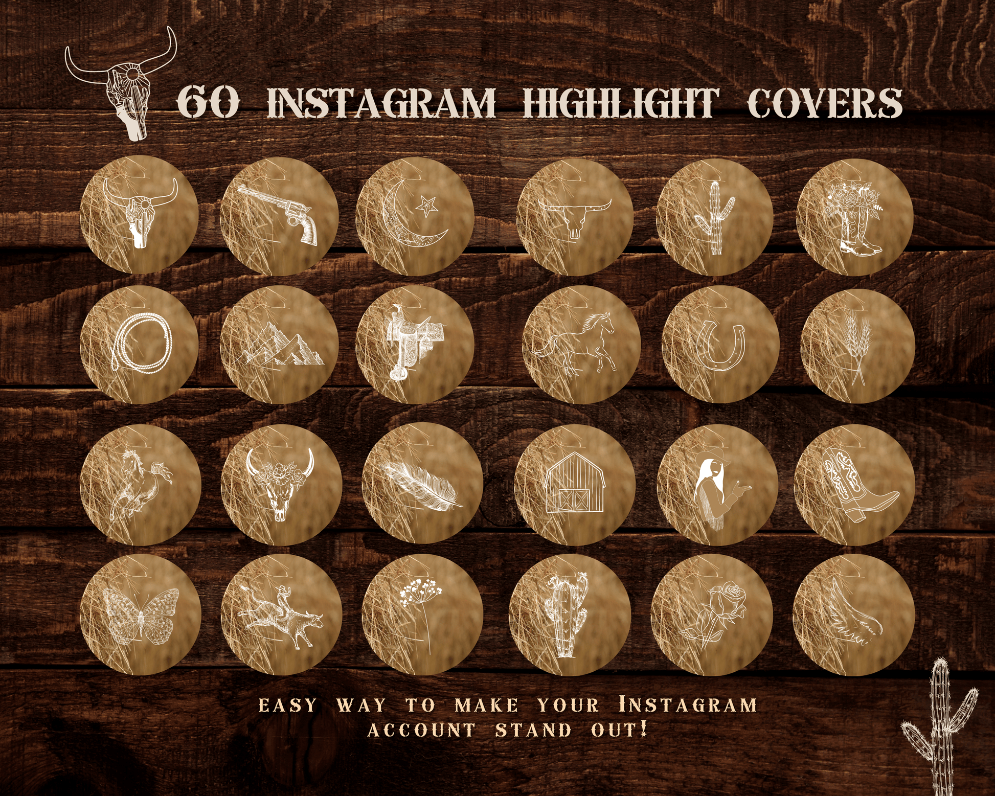 Wild West Cowgirl Instagram highlight covers + story backgrounds - Hay caramel brown cream + white western rodeo IG icons for social media