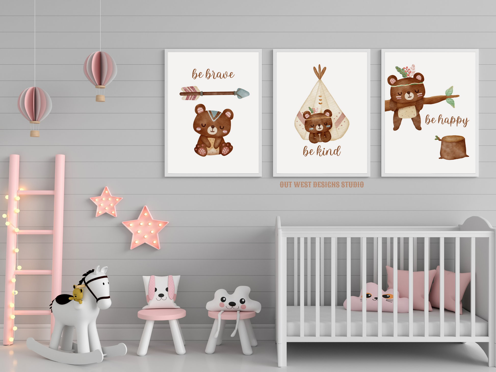 Tribal Bears print - babies, toddler girls + boys nursery home wall decor - be brave, kind, happy, boho pony kids woodland bedroom