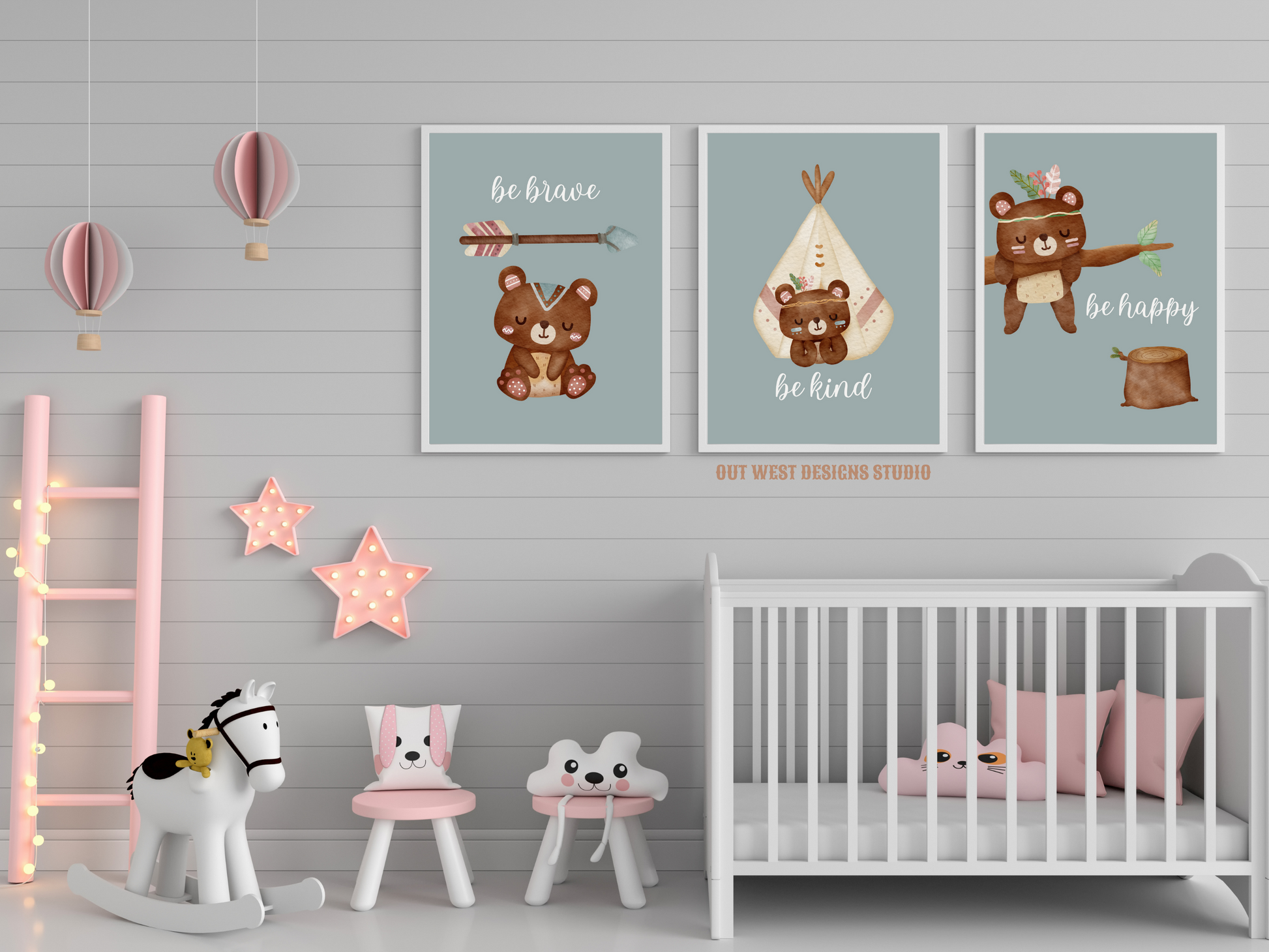 Tribal Bears print - babies, toddler girls + boys nursery home wall decor - be brave, kind, happy, boho pony kids woodland bedroom