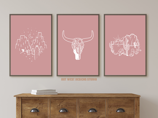 Printable Cowgirl Desert set of 3 prints in pink + white color - Western home decor - Poster wall art long horn, cactus, south western!