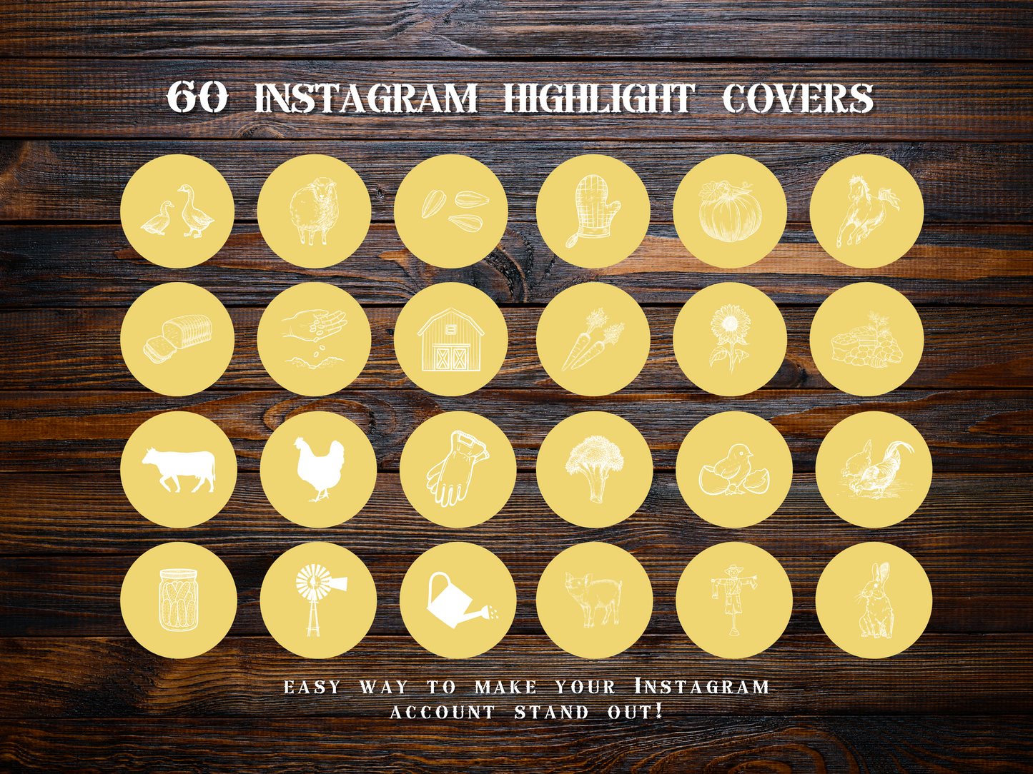 Farm + homesteading yellow Instagram highlight covers + story backgrounds. Garden + farm animals + flower illustrations + icons