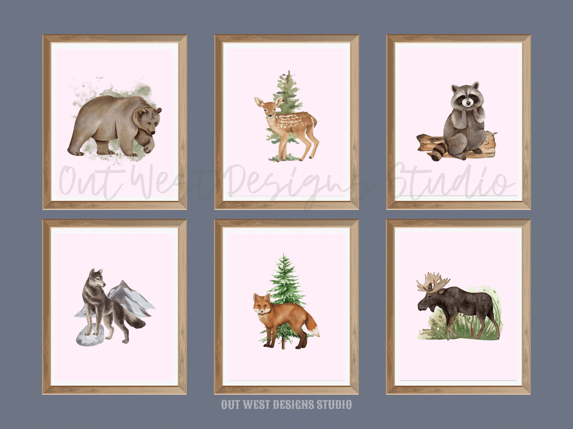 Woodlands animal print- babies, toddler boys + girls nursery home wall decor - fox deer raccoon wolf moose bear Canadian kids bedroom