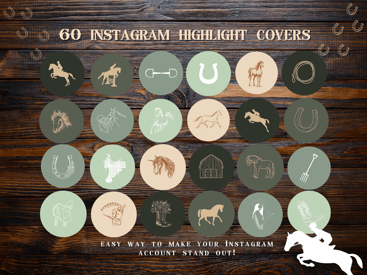 Equestrian horse riding Instagram highlight covers + story backgrounds - Green earthy show jumping, pony, dressage, rodeo cowgirl IG icons