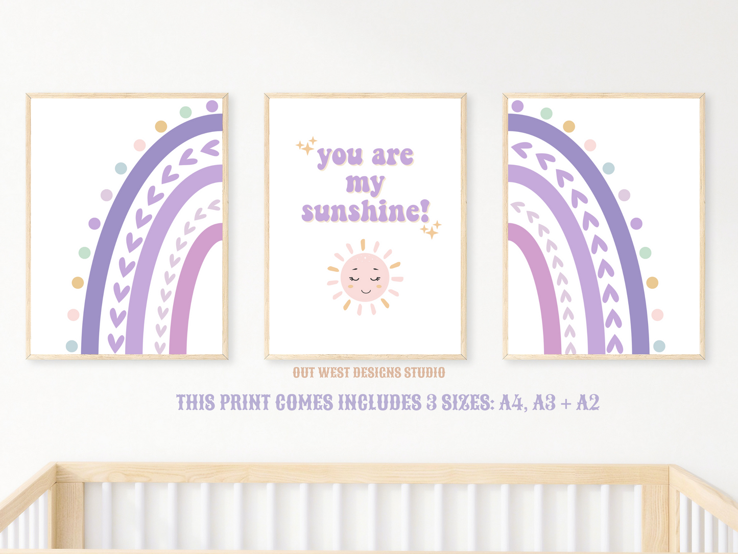 Sunshine rainbow nursery print- You are my sunshine pastel purple baby, toddler girls + boys wall decor water-color kids bedroom