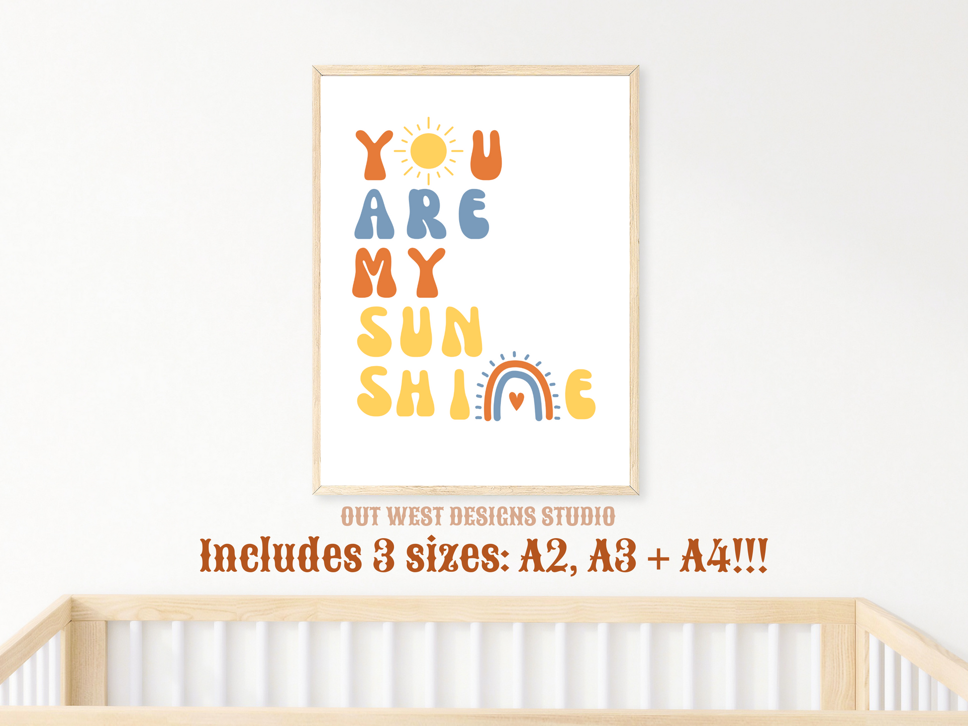 You are my sunshine nursery print in blue, orange + yellow | Kids bedroom poster art | boho babies nursery decor girls + boys room