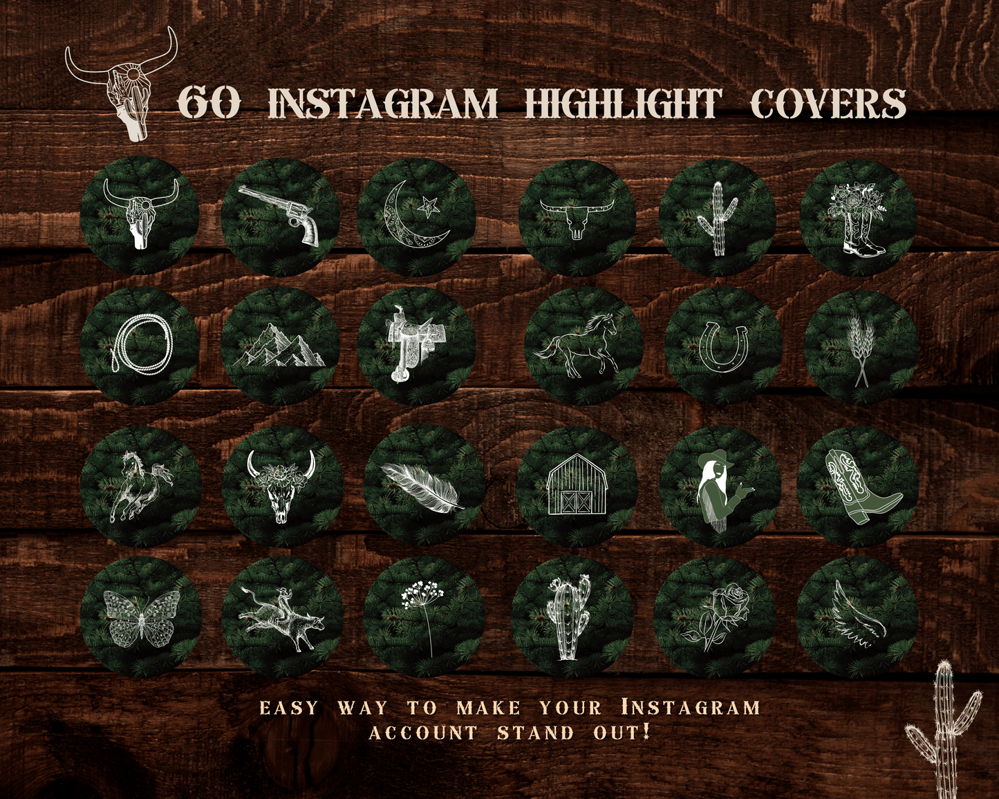 Wild West Cowgirl Instagram highlight covers + story backgrounds - Pines green, tan, cream + white western rodeo IG icons for social media