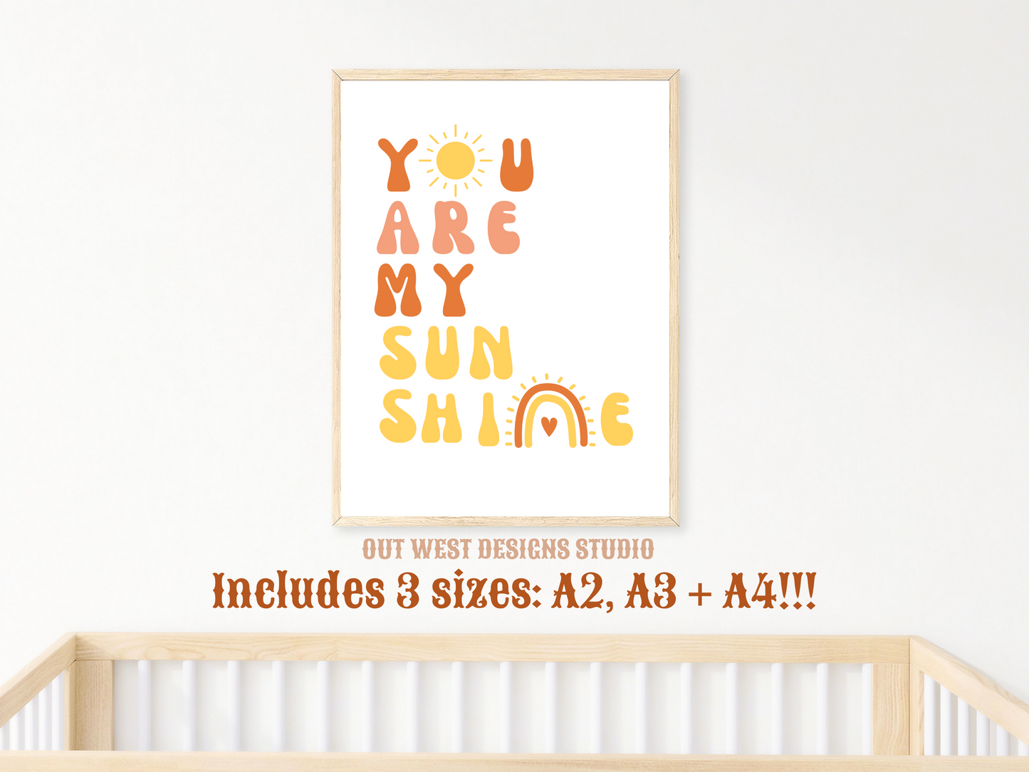 You are my sunshine nursery print in pink, orange + yellow | Kids bedroom poster art | boho babies nursery decor girls + boys room