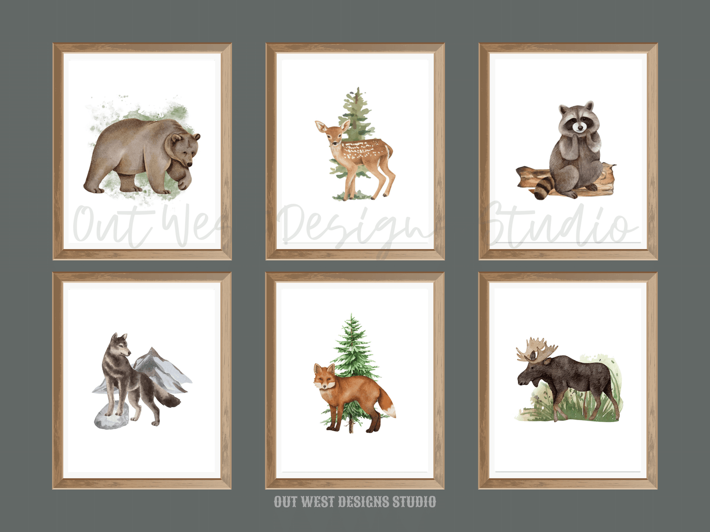 Woodlands animal print- babies, toddler boys + girls nursery home wall decor - fox deer raccoon wolf moose bear Canadian kids bedroom