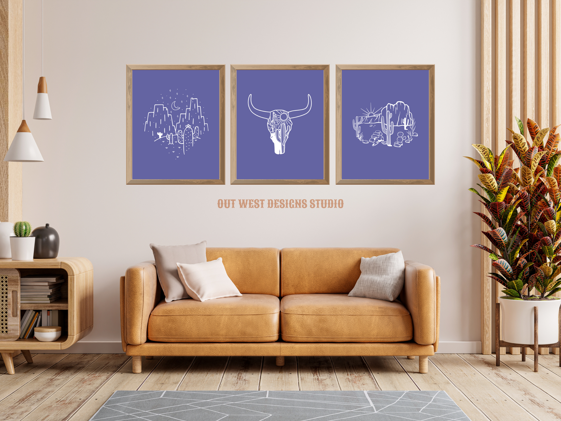 Printable Cowgirl Desert set of 3 prints in Purple + white - Western home decor - Poster wall art long horn, cactus, south western!