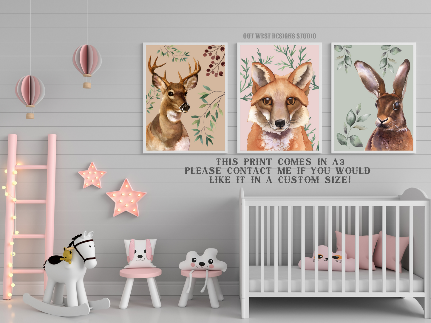 Woodlands animal print- babies, toddler girls nursery home wall decor - fox deer + rabbit hare water-color kids bedroom