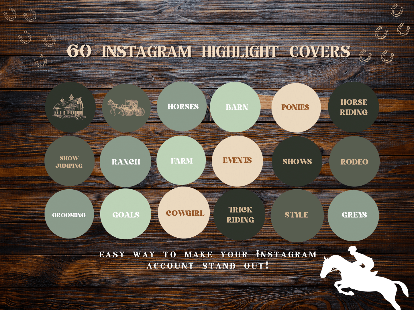 Equestrian horse riding Instagram highlight covers + story backgrounds - Green earthy show jumping, pony, dressage, rodeo cowgirl IG icons