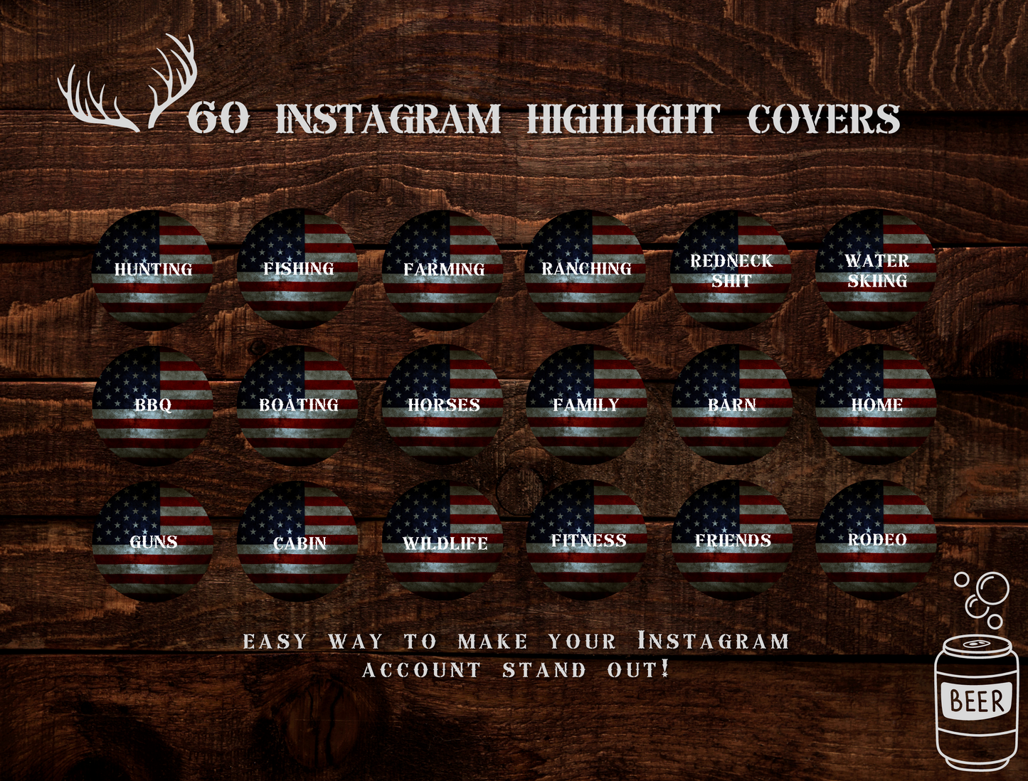 Redneck USA Country Instagram highlight covers + story backgrounds - FLAG hunting camo Western IG icons deer elk bear hunter social