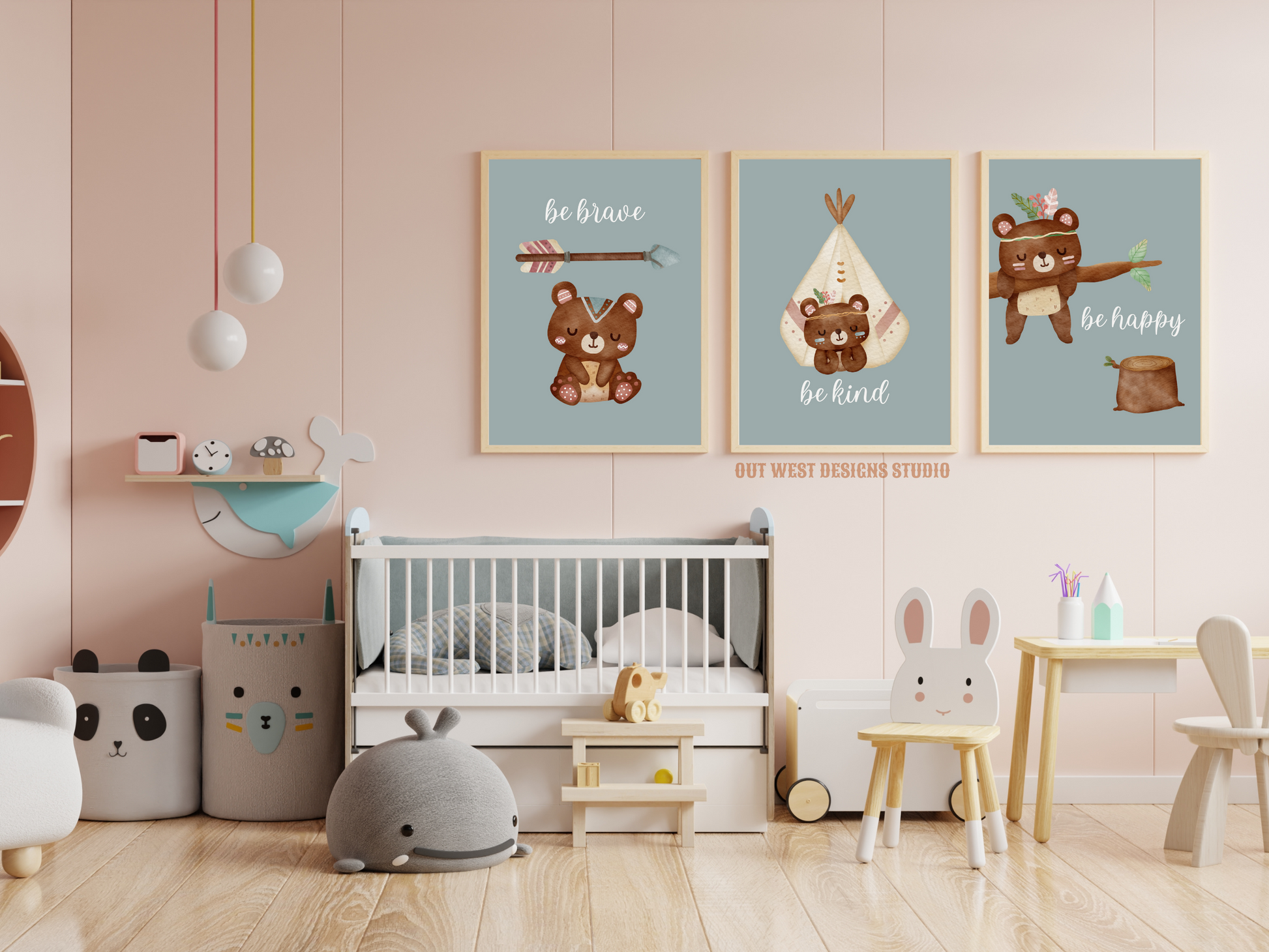 Tribal Bears print - babies, toddler girls + boys nursery home wall decor - be brave, kind, happy, boho pony kids woodland bedroom