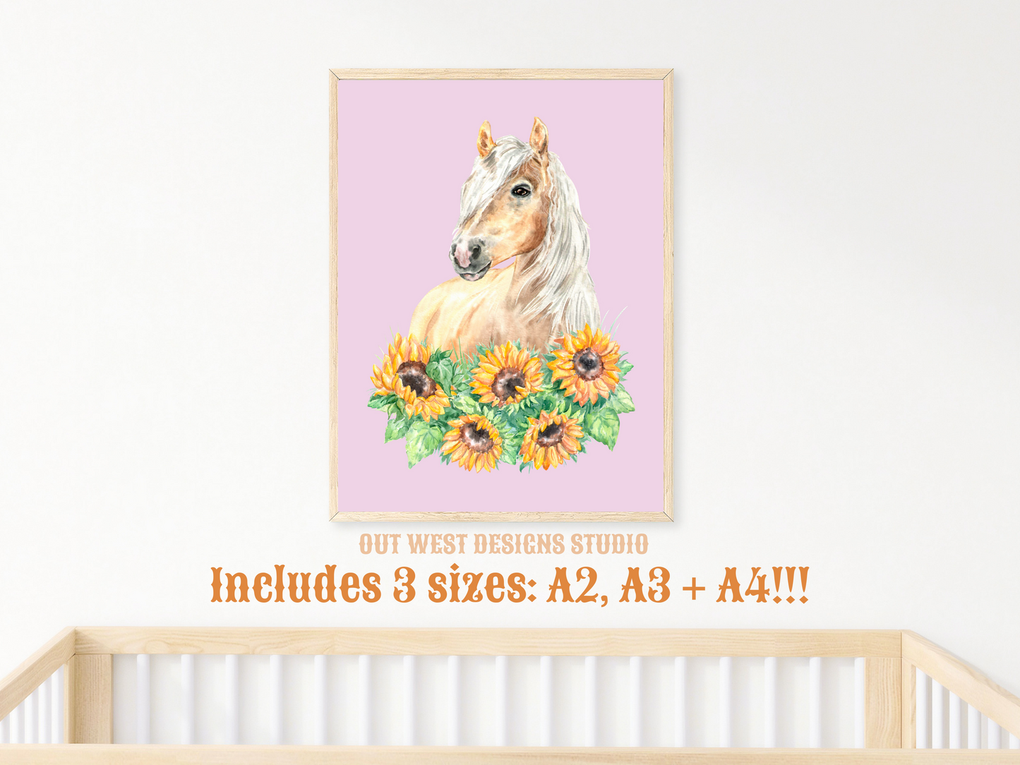 Sunflowers + Palomino horse print - babies, toddler girls + boys nursery home wall decor - pony cowgirl cowboy horses kids bedroom