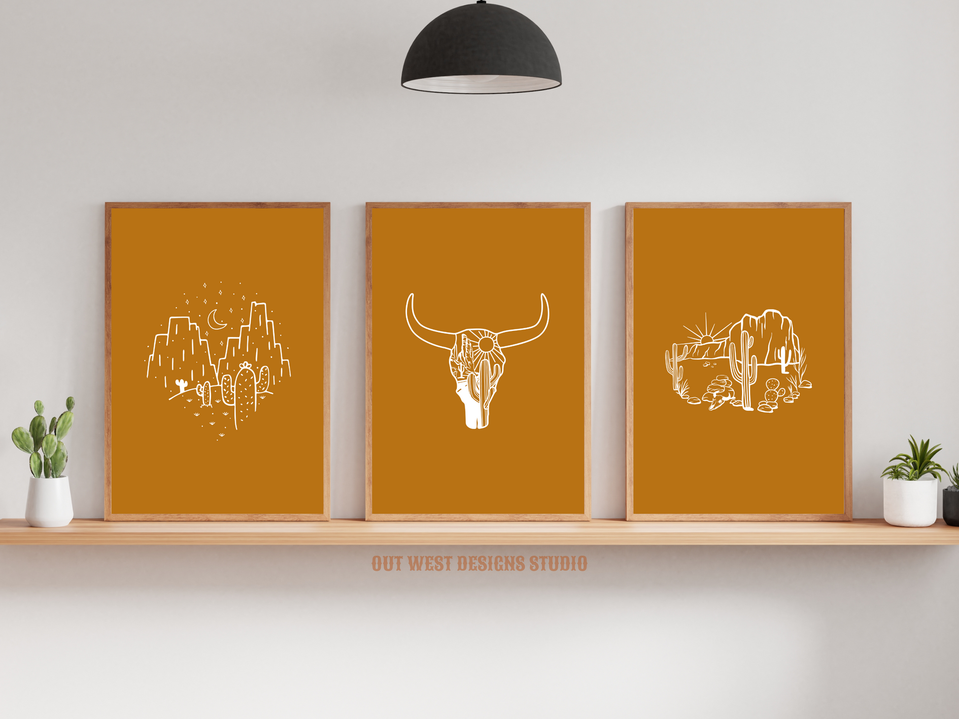 Printable Cowgirl Desert set of 3 prints in Mustard yellow + white - Western home decor - Poster wall art long horn, cactus, south western!