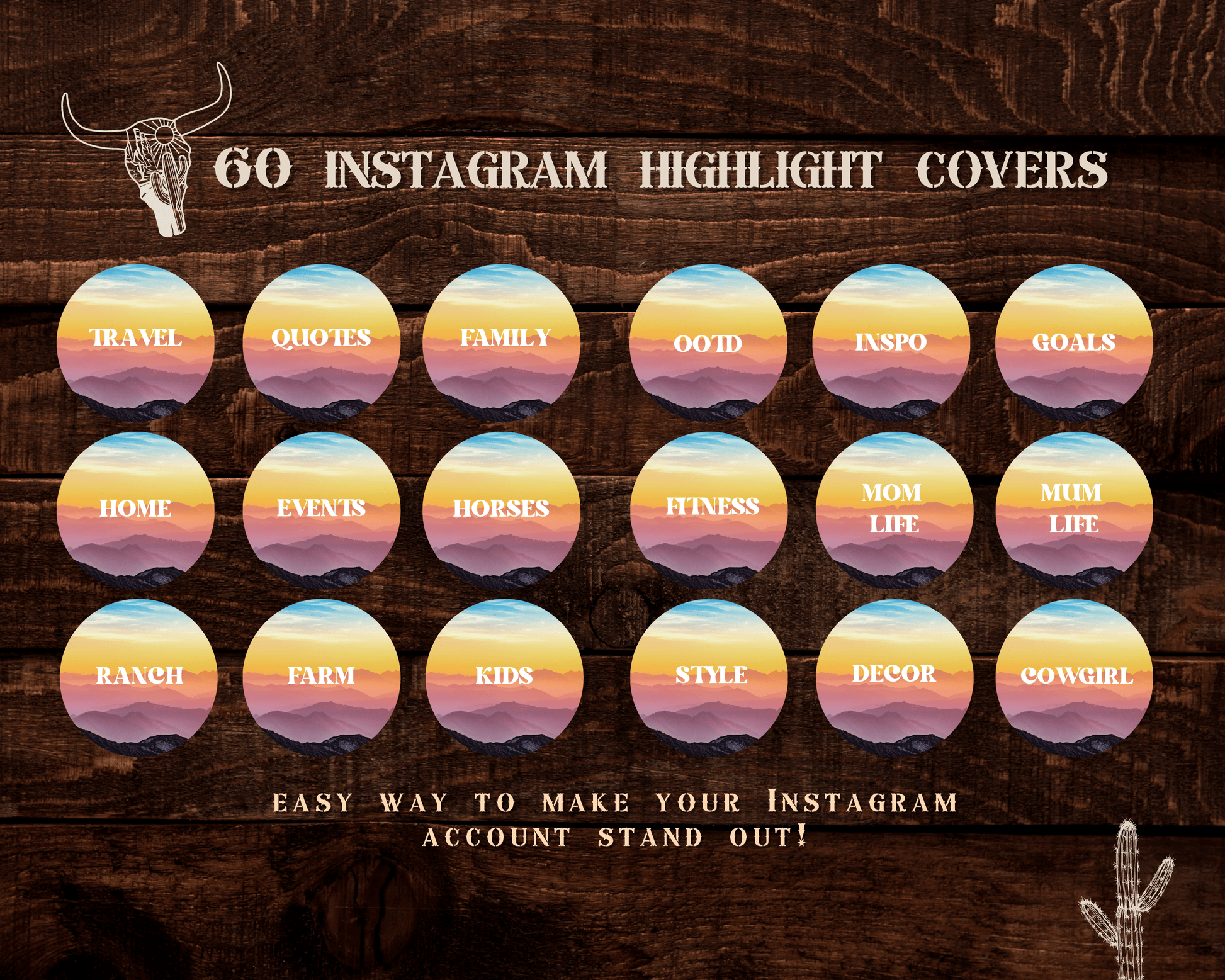 Wild West Cowgirl Instagram highlight covers + story backgrounds - Mountain sunset + pink western rodeo IG icons for social media