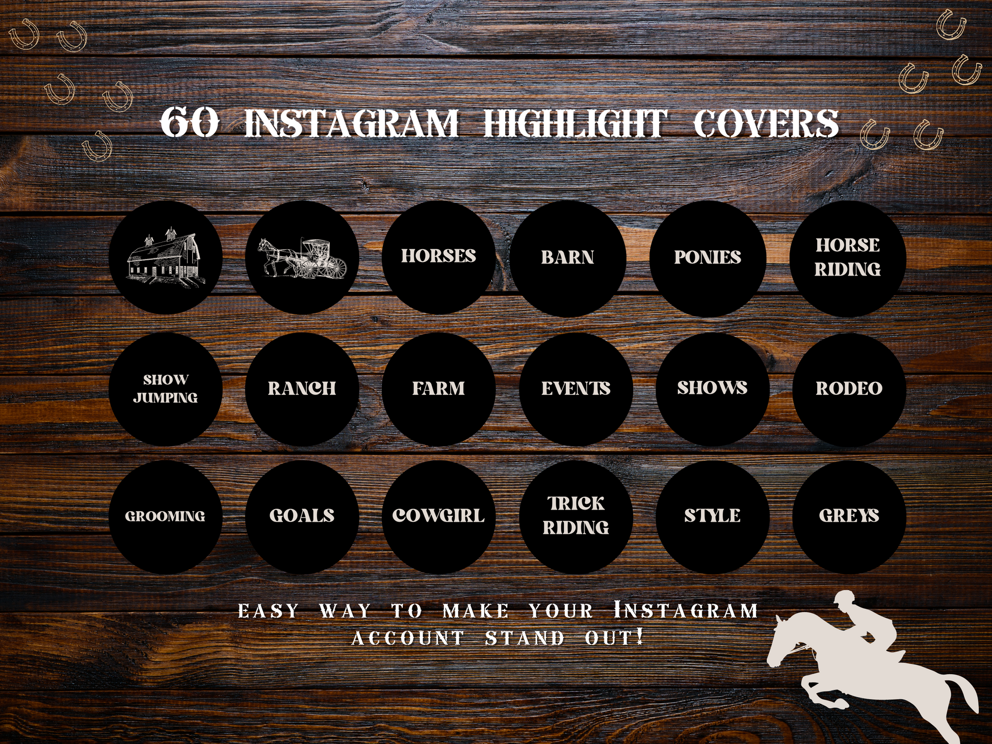 Equestrian horse riding Instagram highlight covers + story backgrounds - show jumping, pony, dressage, rodeo cowgirl black IG icons