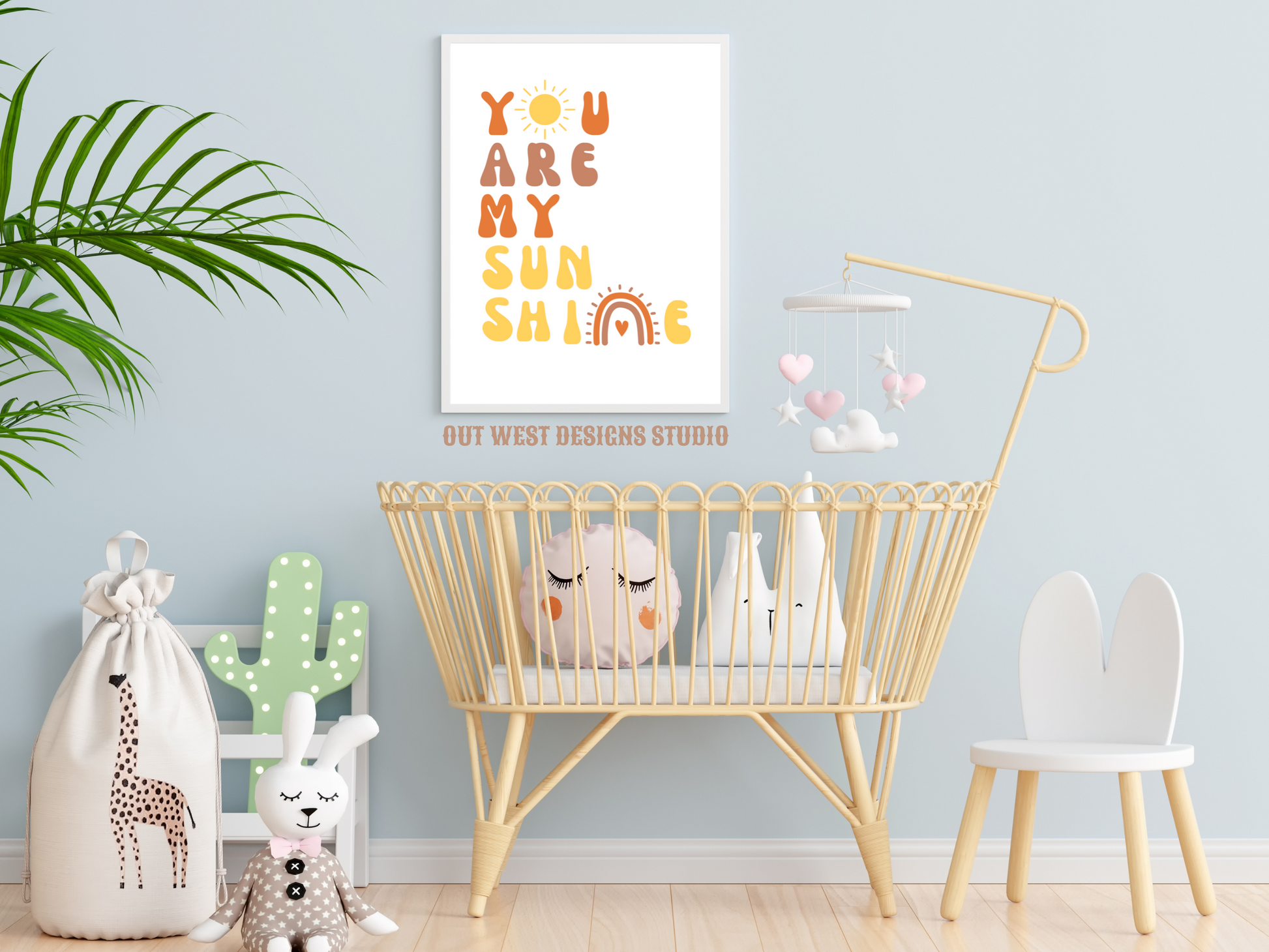 You are my sunshine nursery print in pink, orange + yellow | Kids bedroom poster art | boho babies nursery decor girls + boys room